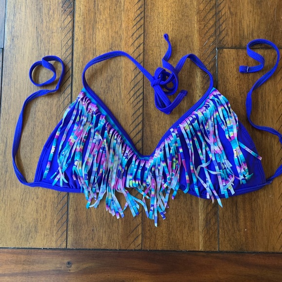 Blue Halter Bikini Top w/ Aztec Fringe - Picture 1 of 3
